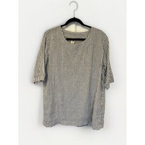 Len Ok Womens Blouse L Tunic Black White Striped Linen Coastal Casual Lagenlook